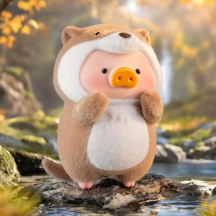Polar bear-themed piggy plush figure, white and tan fuzzy suit with orange snout