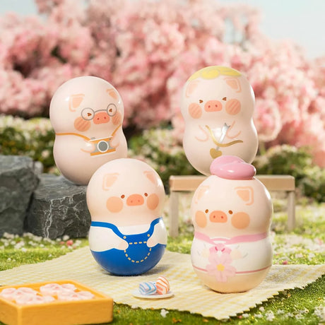 Four LuLu The Piggy desk wobblers in spring garden scene with cosplayer outfits and cherry blossoms background, gallery 1