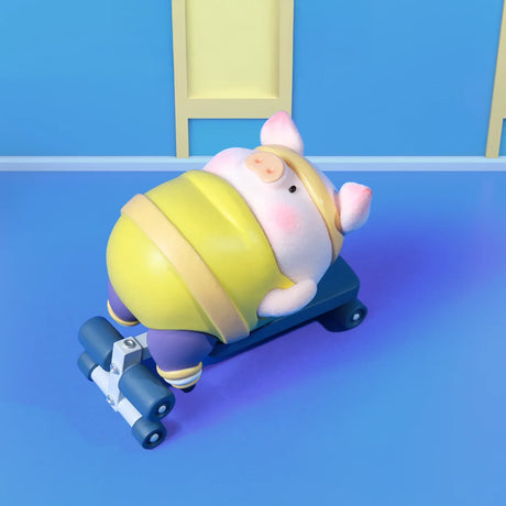 A LuLu The Piggy - Fitness Club Blind Box figure from the LuLu The Piggy brand, featuring a pig in yellow workout clothes on a blue exercise machine, is perfect for flocked collectible toy fans.
