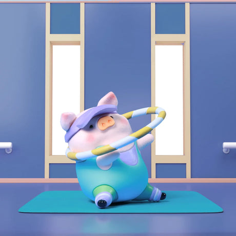 A LuLu The Piggy - Fitness Club Blind Box figure by LuLu The Piggy shows a cartoon pig in workout clothes, hula-hooping on a yoga mat in a gym with blue walls and big windows—just like those adorable collectible figures!.