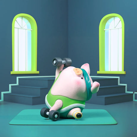 A LuLu The Piggy - Fitness Club Blind Box figure shows LuLu in a green gym outfit lifting a dumbbell on a yoga mat in a bright room—perfect for flocked collectible fans. Brand: LuLu The Piggy.