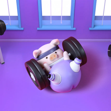 LuLu The Piggy - Fitness Club Blind Box features a cartoon pig in workout clothes, lifting a barbell with its feet in a purple gym—an ideal addition for LuLu The Piggy fans and flocked collectible figure collectors.