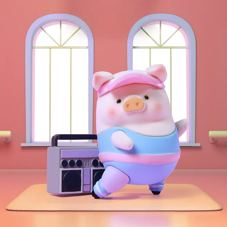 A cartoon pig in workout gear poses with one leg raised by a boombox in a pastel room with two arched windows, inspired by LuLu The Piggy - Fitness Club Blind Box from LuLu The Piggy.