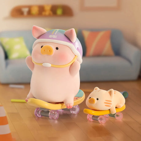 A LuLu The Piggy collectible from the Stay With You Blind Box wears a purple helmet and skateboards beside a small cat, both cruising through a cozy pastel living room.