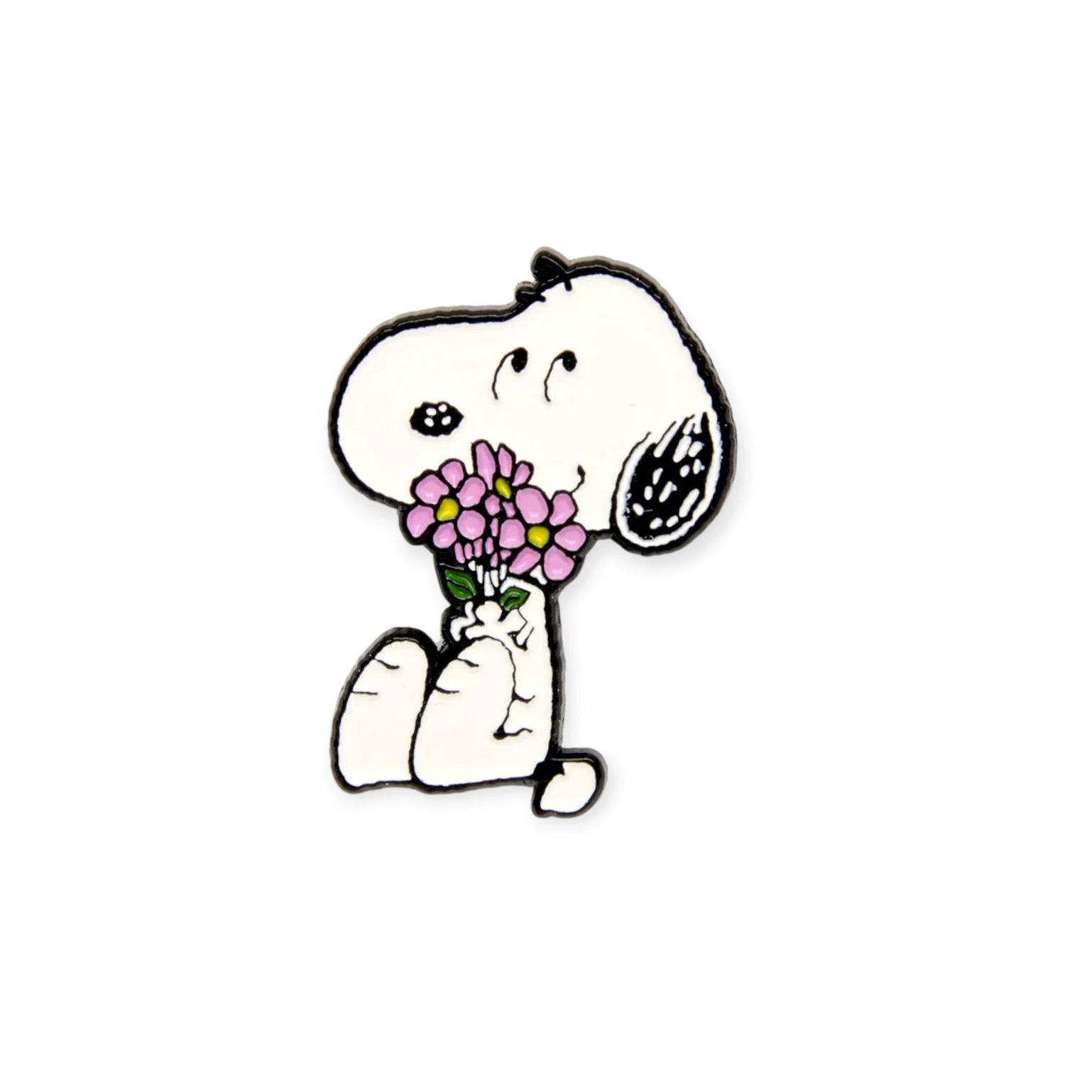 Enamel pin of Snoopy holding a bouquet of pink flowers