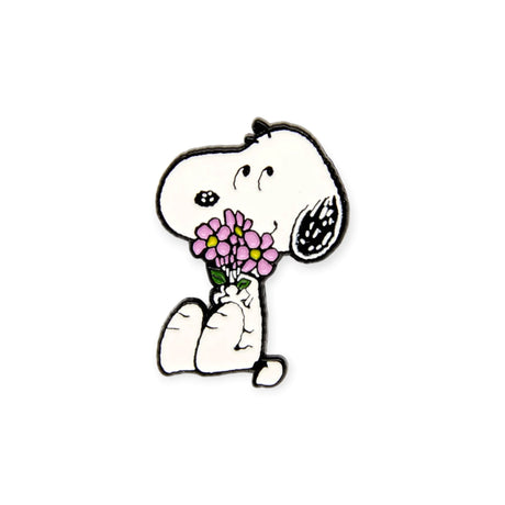 Enamel pin of Snoopy holding a bouquet of pink flowers