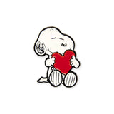 Snoopy love heart enamel pin, white dog holding a red heart in its paws