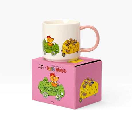 White ceramic mug with pink handle on pink box, busy world vehicle illustrations