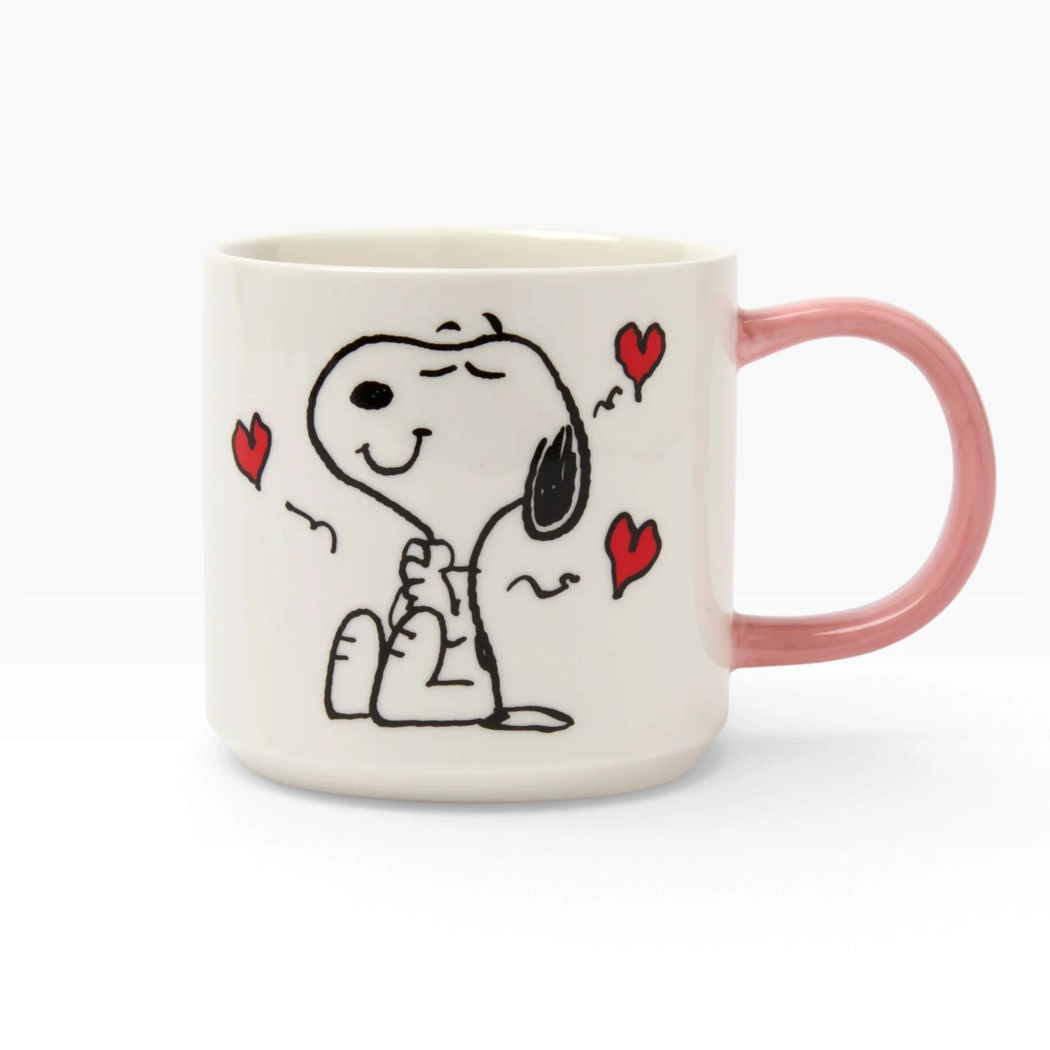 Cream ceramic Snoopy mug with pink handle, Snoopy sitting with red hearts