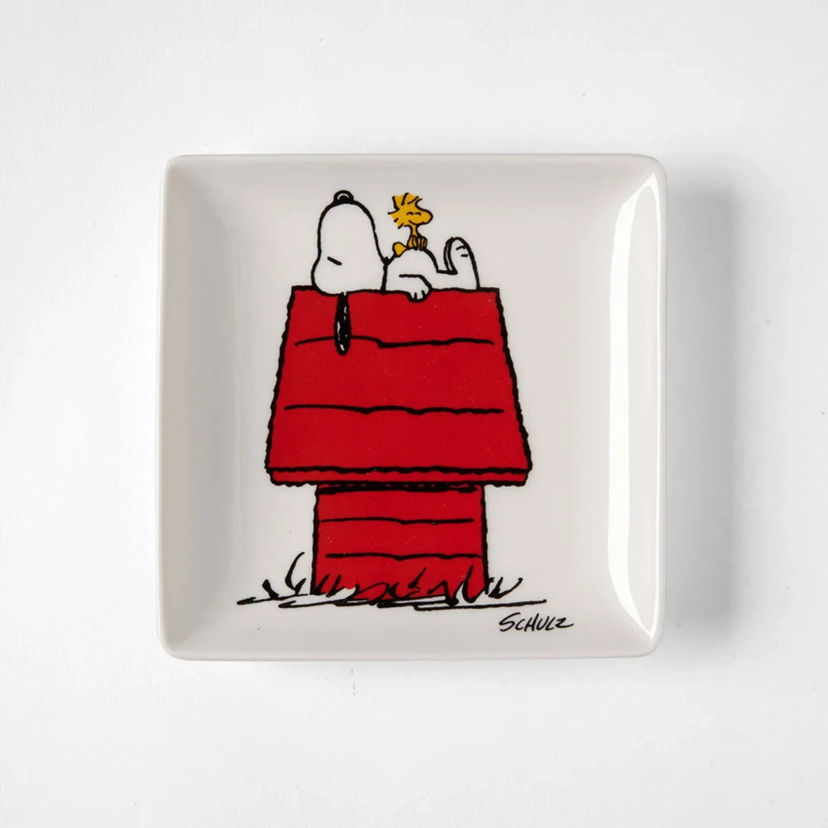 Snoopy and Woodstock trinket tray, white square dish with red doghouse illustration