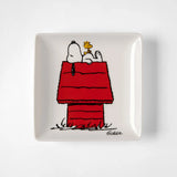 Snoopy and Woodstock trinket tray, white square dish with red doghouse illustration