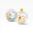 Miniature glass globe figurine with dog and bunny in cream outfits on a base