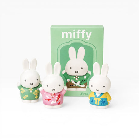 Miffy 3-piece blind box set with three white rabbit figures shown in front of the box