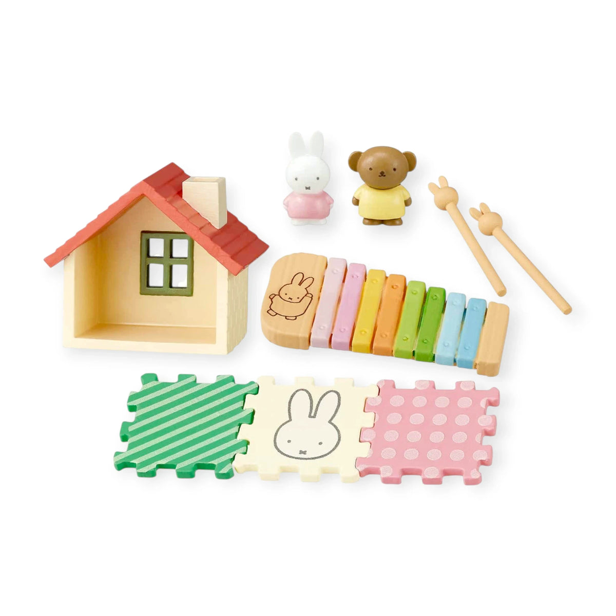 Small house, animal toy figures, and colorful foam puzzle mats