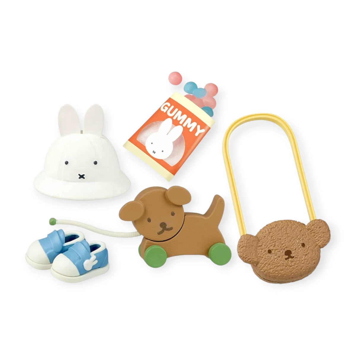 Rabbit and bear toys with gummy snack pack, hat, and teether