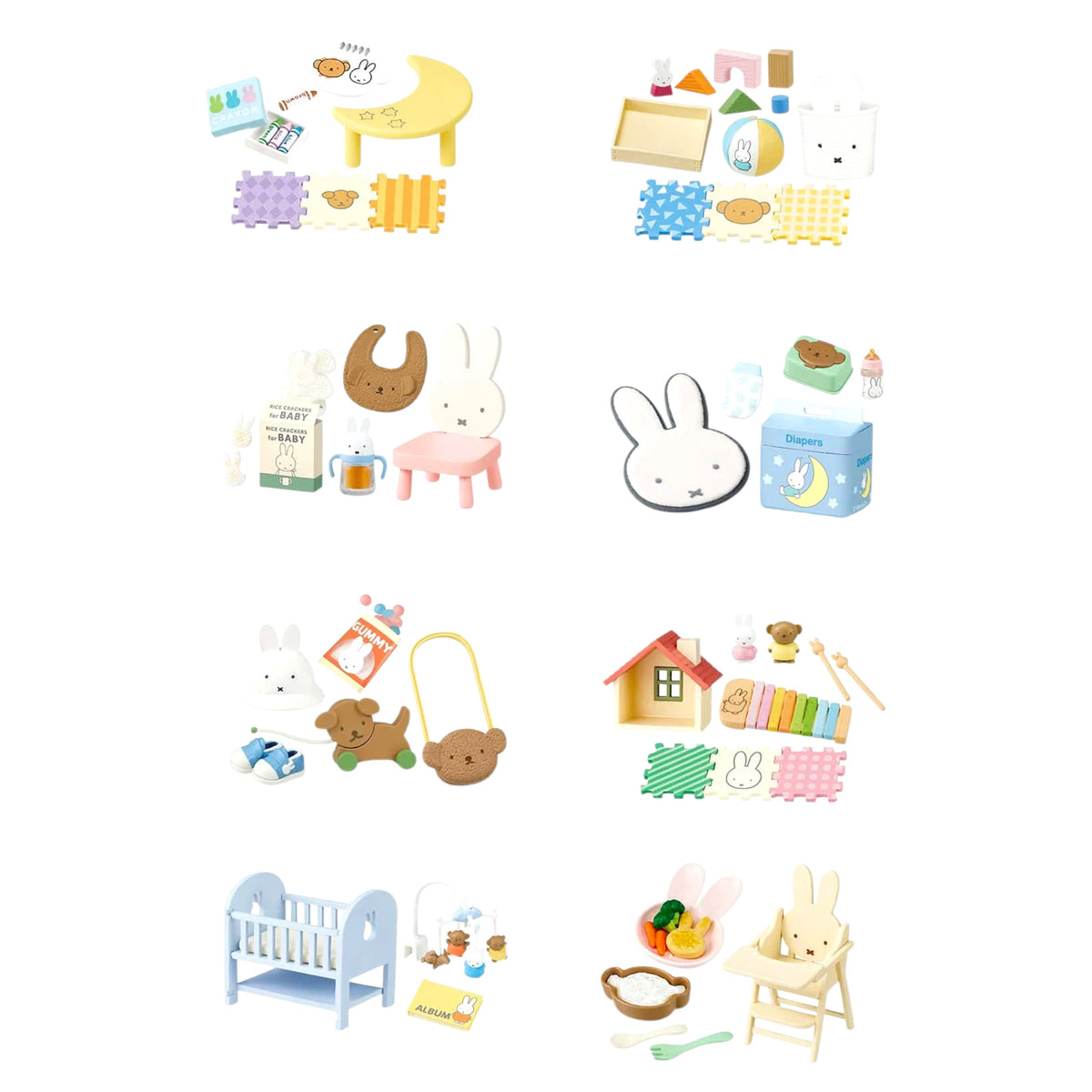 Baby room blind box accessory set with various nursery furniture and character toys