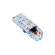 Puffy glasses sleeve, light blue with cartoon animals; glasses visible inside
