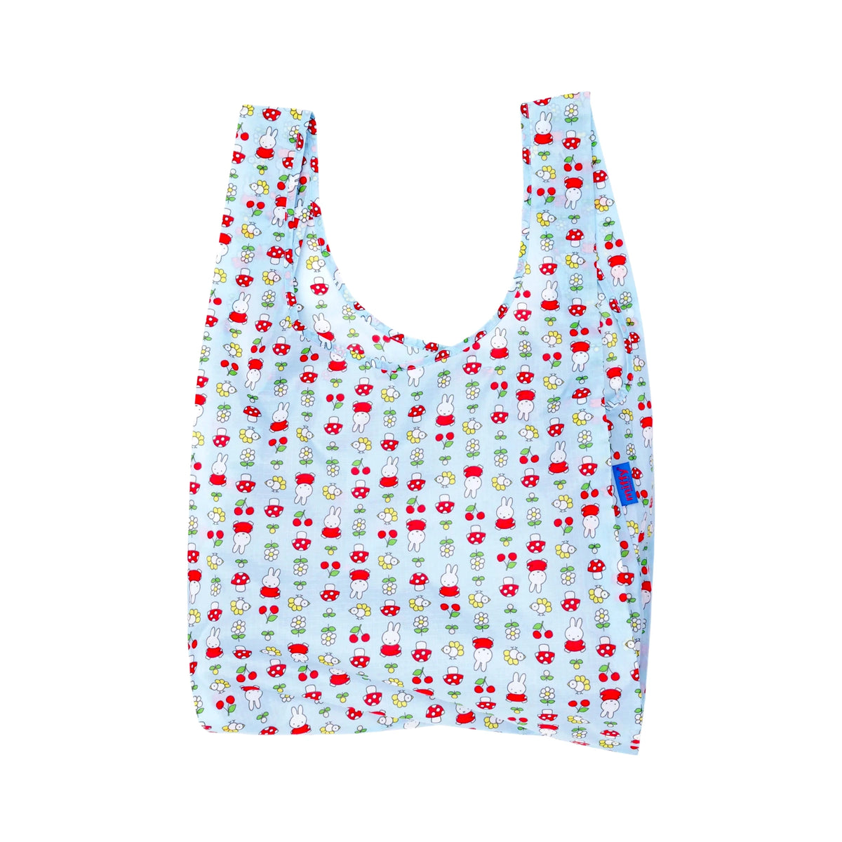 Standard Baggu tote bag with all-over Miffy garden characters, light blue with red accents