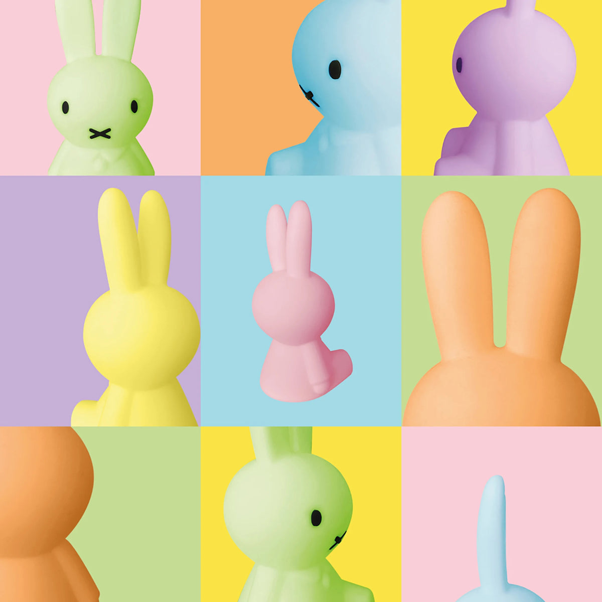 Assorted Miffy mini light bunnies in multiple colors shown in a grid
