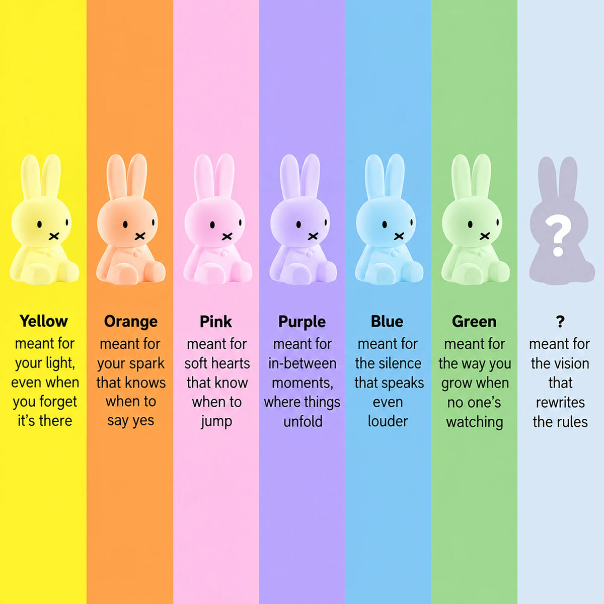 Colored Miffy mini light bunny figurines on vertical color panels with questions