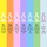 Colored Miffy mini light bunny figurines on vertical color panels with questions