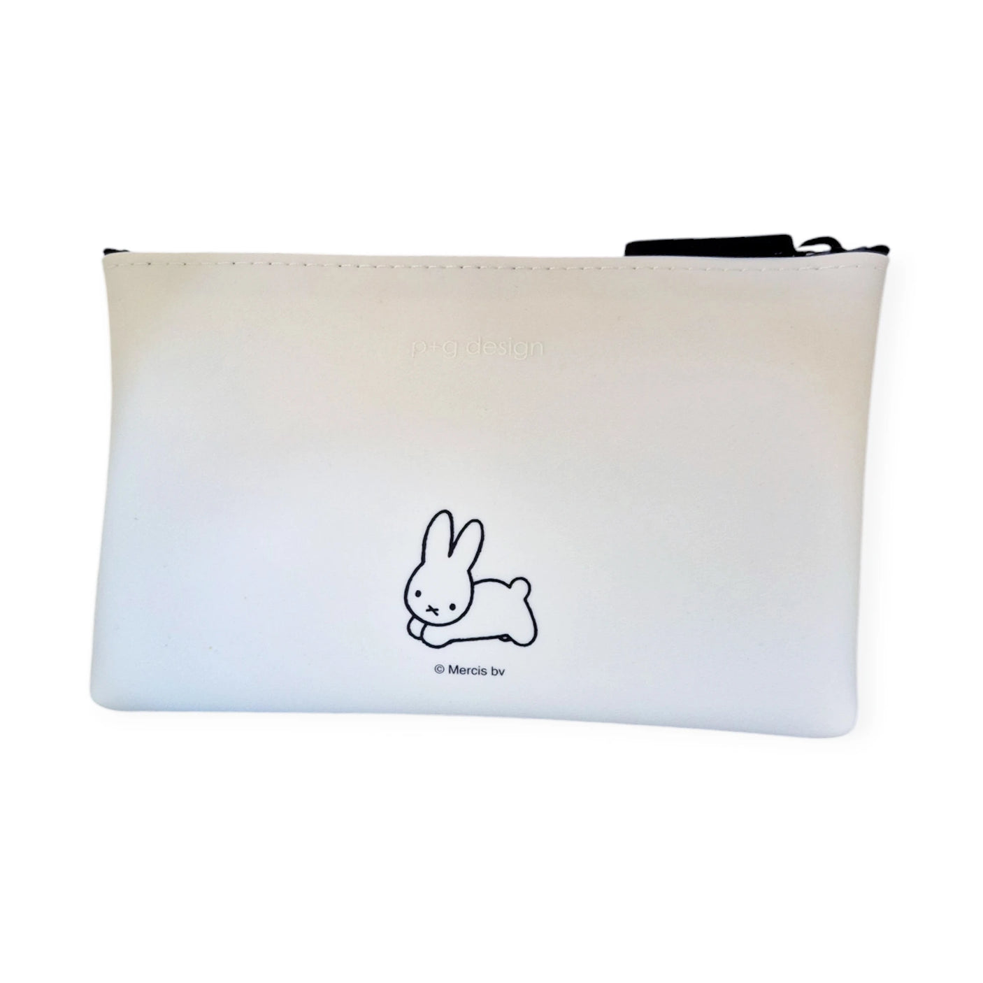 The Miffy Bunny Print Case - White 19cm, from the Miffy brand, is a silicone pouch with a zipper and a small white Miffy Bunny cartoon design in the lower center. It's an adorable storage solution for your essentials.