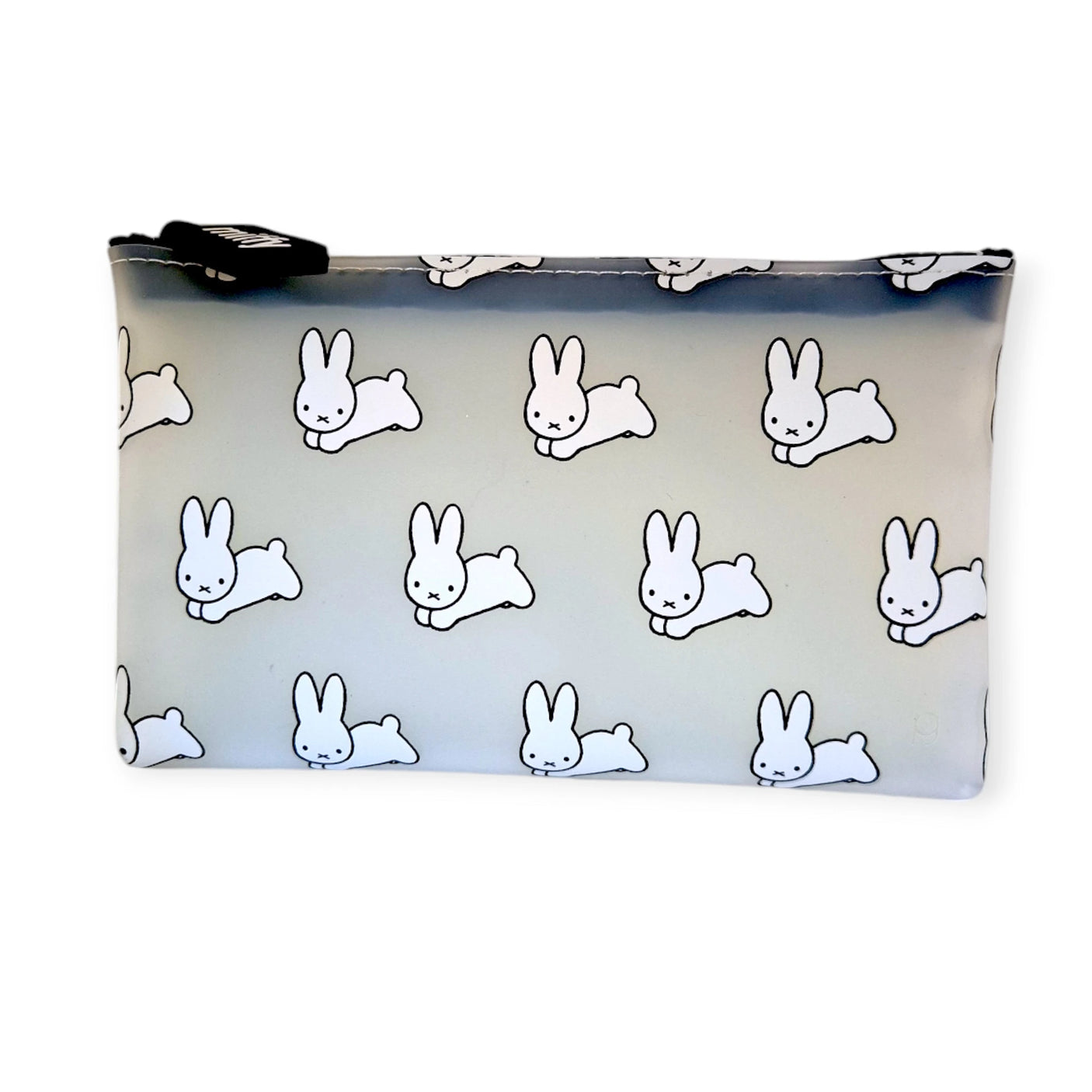 The Miffy Bunny Print Case - White 19cm by Miffy is a durable silicone zipper pouch featuring a pattern of cartoon rabbits reminiscent of the White Miffy Bunny in playful poses on a stylish gray background, making it a charming storage solution for your essentials.