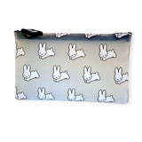 The Miffy Bunny Print Case - White 19cm by Miffy is a durable silicone zipper pouch featuring a pattern of cartoon rabbits reminiscent of the White Miffy Bunny in playful poses on a stylish gray background, making it a charming storage solution for your essentials.