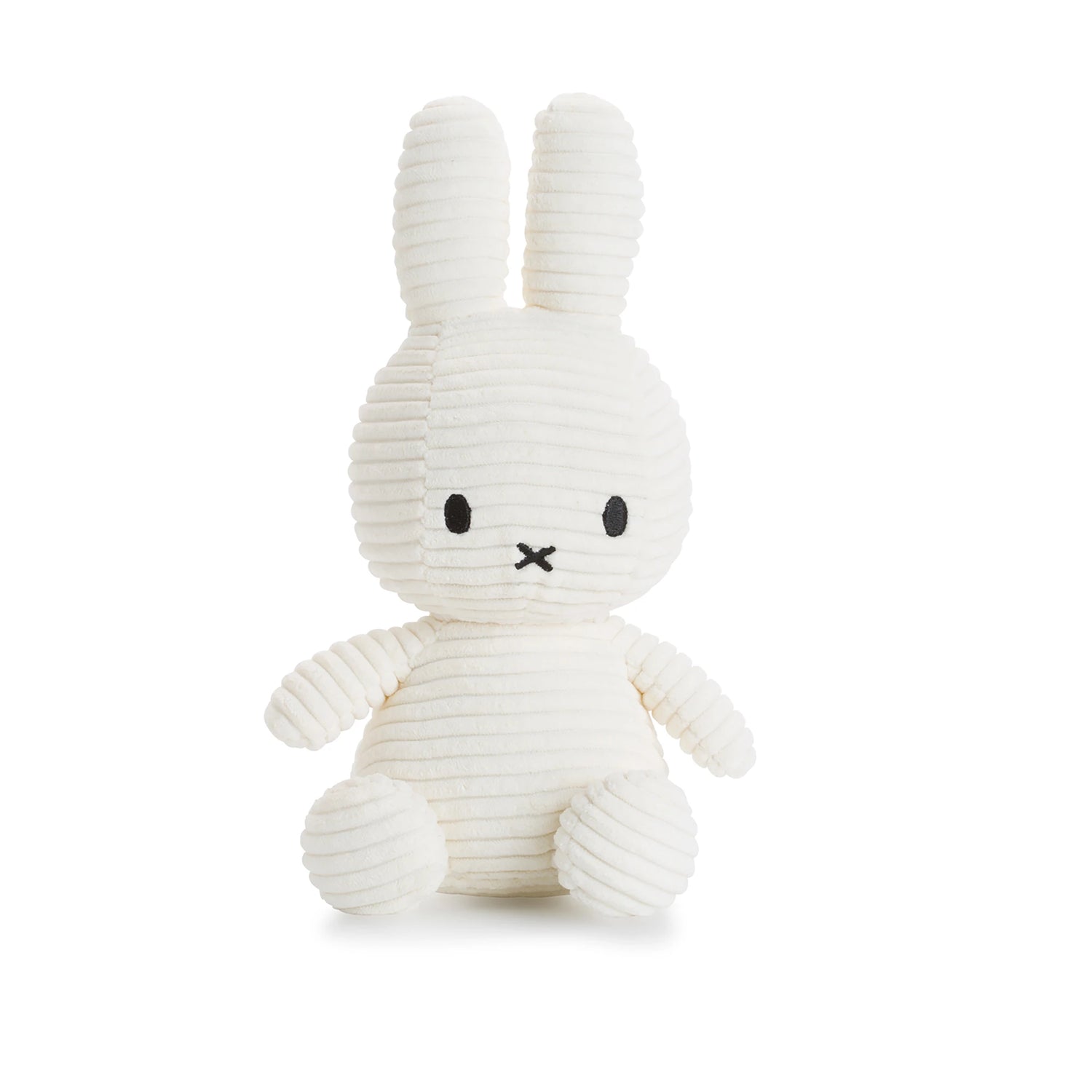 Introducing the Miffy Bunny Plush Corduroy - White 23cm, a delightful stuffed animal designed in the shape of a white bunny. Brought to you by Miffy, it boasts a soft corduroy fabric with a ribbed texture and features black eyes along with a cross-shaped mouth, sitting upright for endless cuddles.