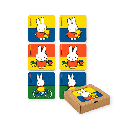 Miffy coaster set of 6 with colorful rabbit-themed square designs