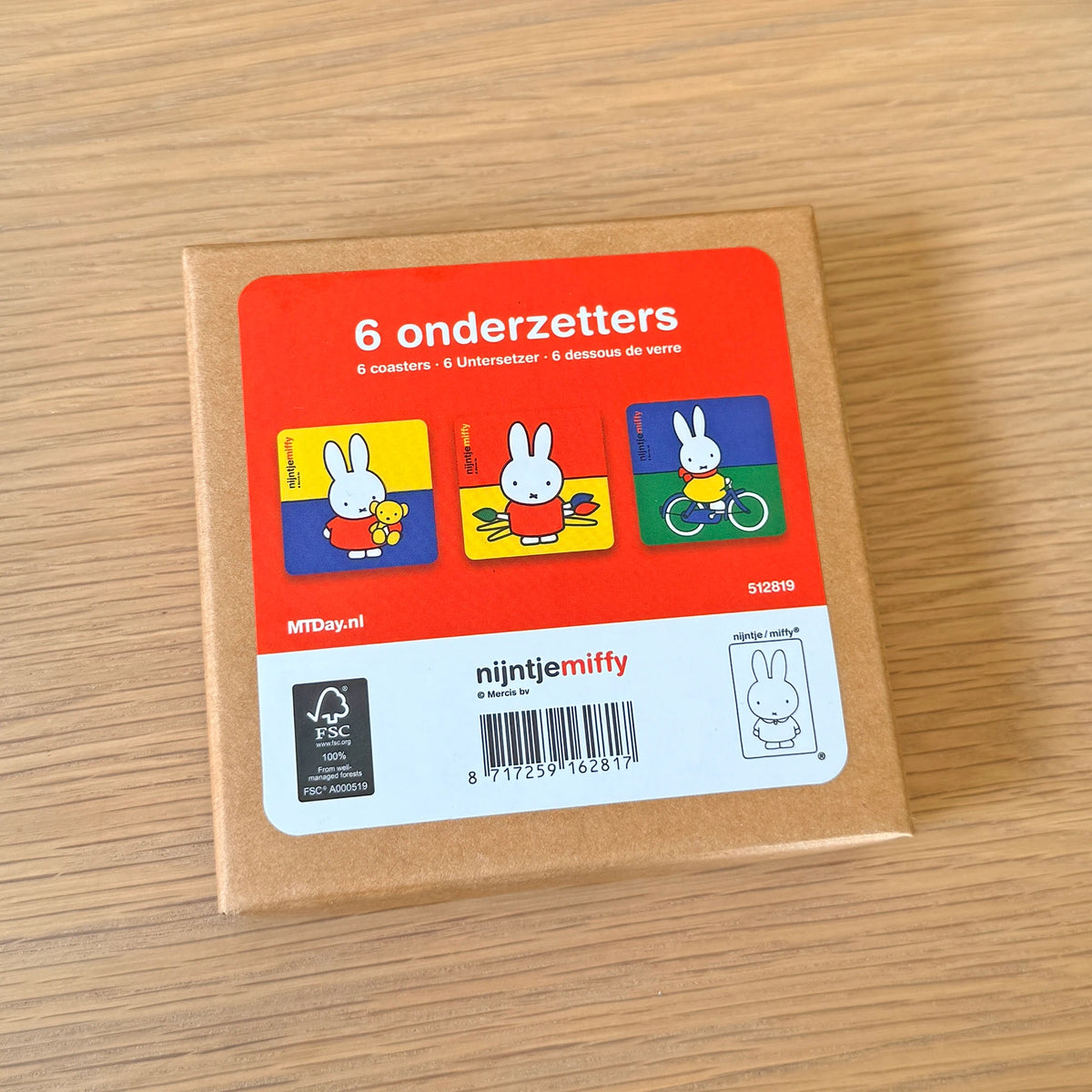 Miffy coaster set package with back label and barcode on a cardboard box