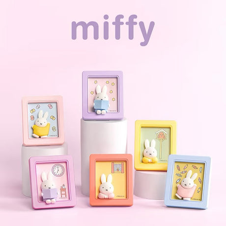 Six colorful Miffy magnetic photo frames with small bunny figures and playful backgrounds on pastel pink and white platforms