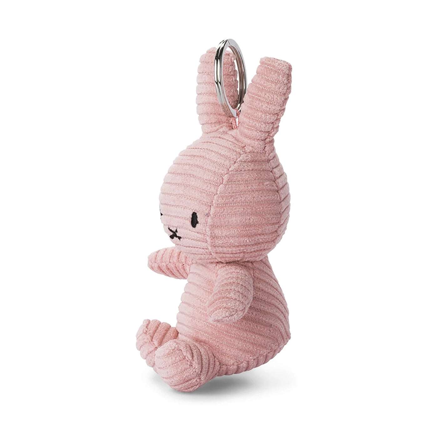 The Miffy Keychain Corduroy 10cm in Dusty Rose features a plush rabbit with upright ears and a corduroy texture, complete with an attached metal ring.