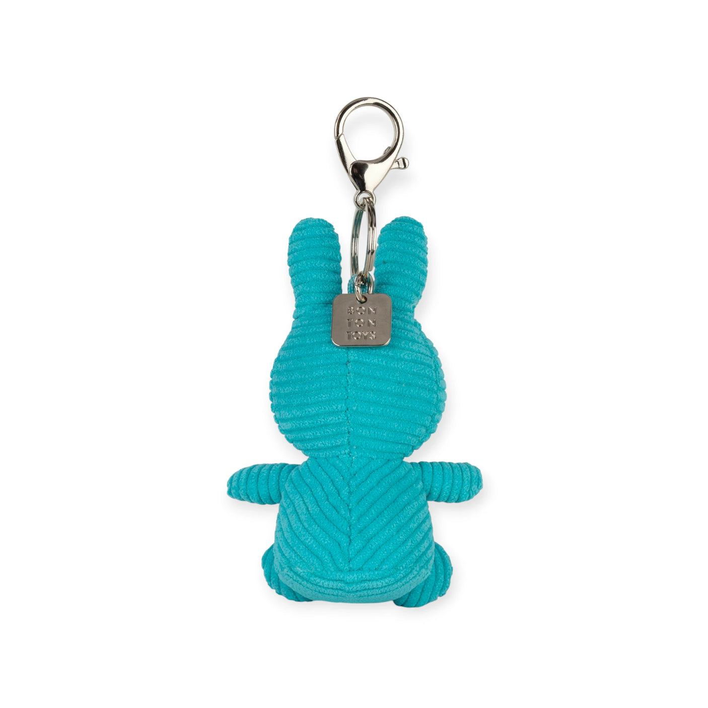 Miffy Corduroy Keychain 10cm - Teal showing a teal corduroy bunny keychain with metal clasp by Miffy