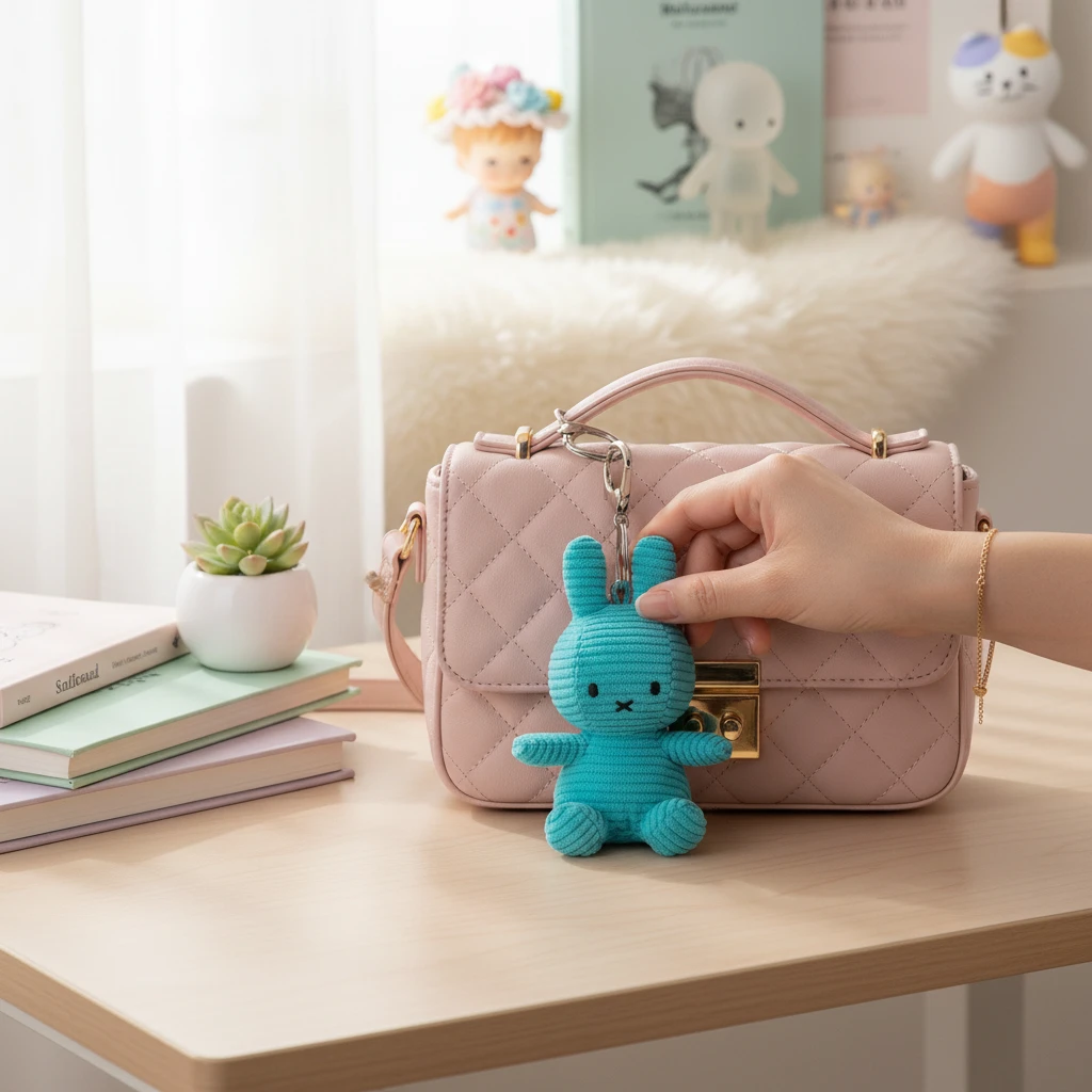 Miffy Corduroy Keychain 10cm - Teal showing a teal corduroy bunny keychain hanging from a pink quilted handbag by Miffy