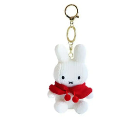 White plush bunny keychain with red knitted scarf and gold key ring