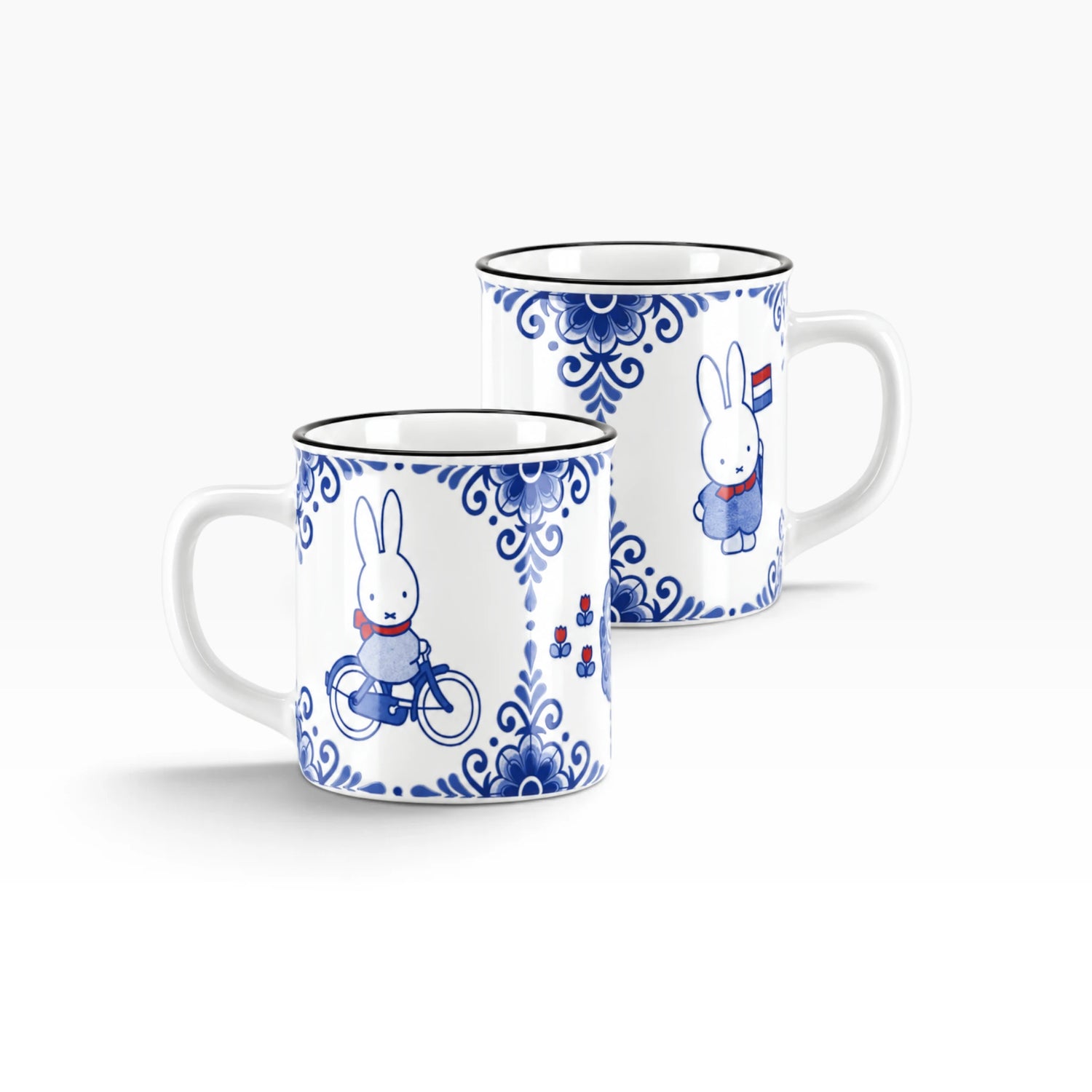 Two Miffy ceramic mugs, blue vintage bunny and floral prints, white with dark blue rims