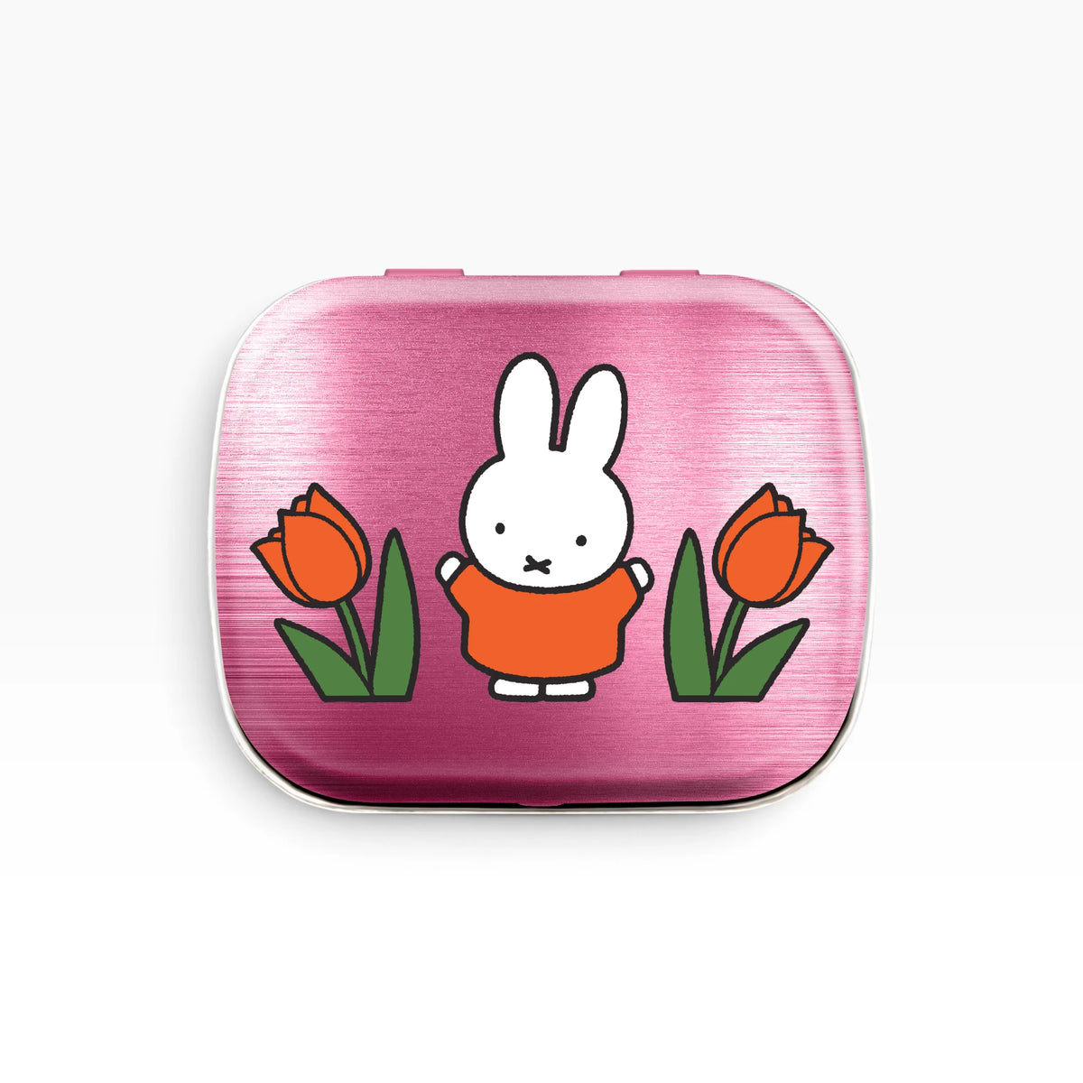 Miffy pill tin with tulip graphic, pink metal case
