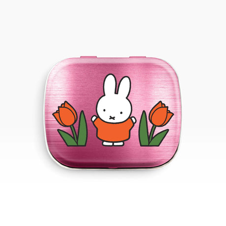 Miffy pill tin with tulip graphic, pink metal case