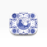 Vintage Miffy pill tin with blue floral bunny windmill design, hinged lid