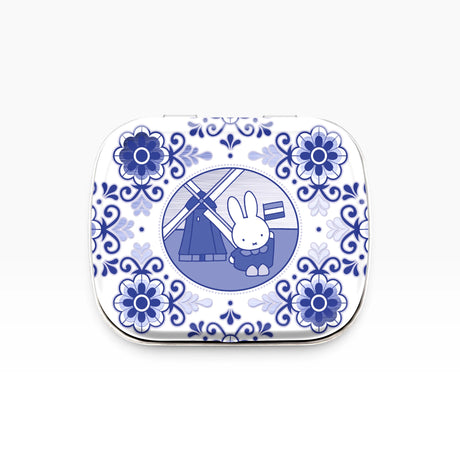 Vintage Miffy pill tin with blue floral bunny windmill design, hinged lid
