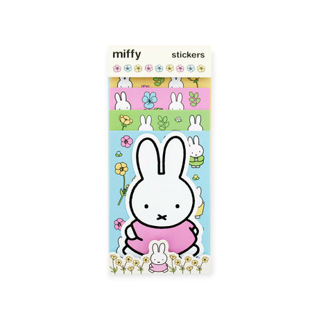 Pack of colorful Miffy stickers with bunny characters and floral designs on pastel backgrounds