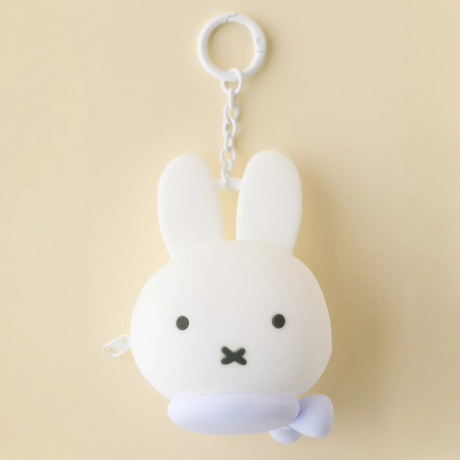 Miffy bunny coin pouch keychain, white plush bunny face with hanging key ring chain.