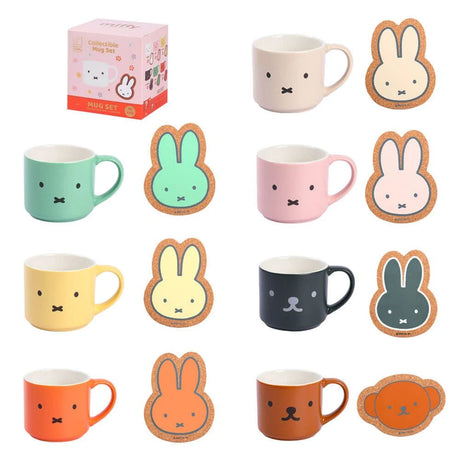 The Miffy 70th Bday Collectible Mug & Coaster Blind Box by Miffy includes six colorful mugs with animal faces, each with a matching animal-shaped coaster, all in a pink blind box—ideal for Miffy's 70th anniversary fans.