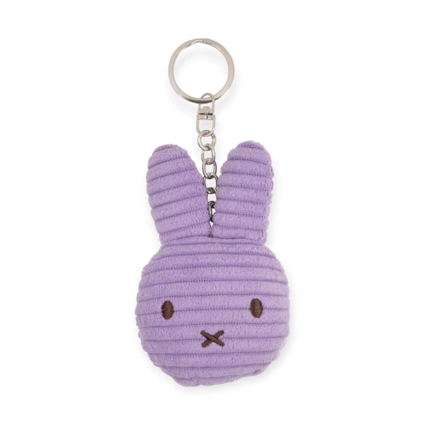 Introducing the Miffy Plush Flat Keychain - Corduroy by Miffy, a soft and eco-friendly corduroy keychain designed in the shape of a cartoon bunny head, featuring stitched eyes and mouth reminiscent of a classic Miffy plush.