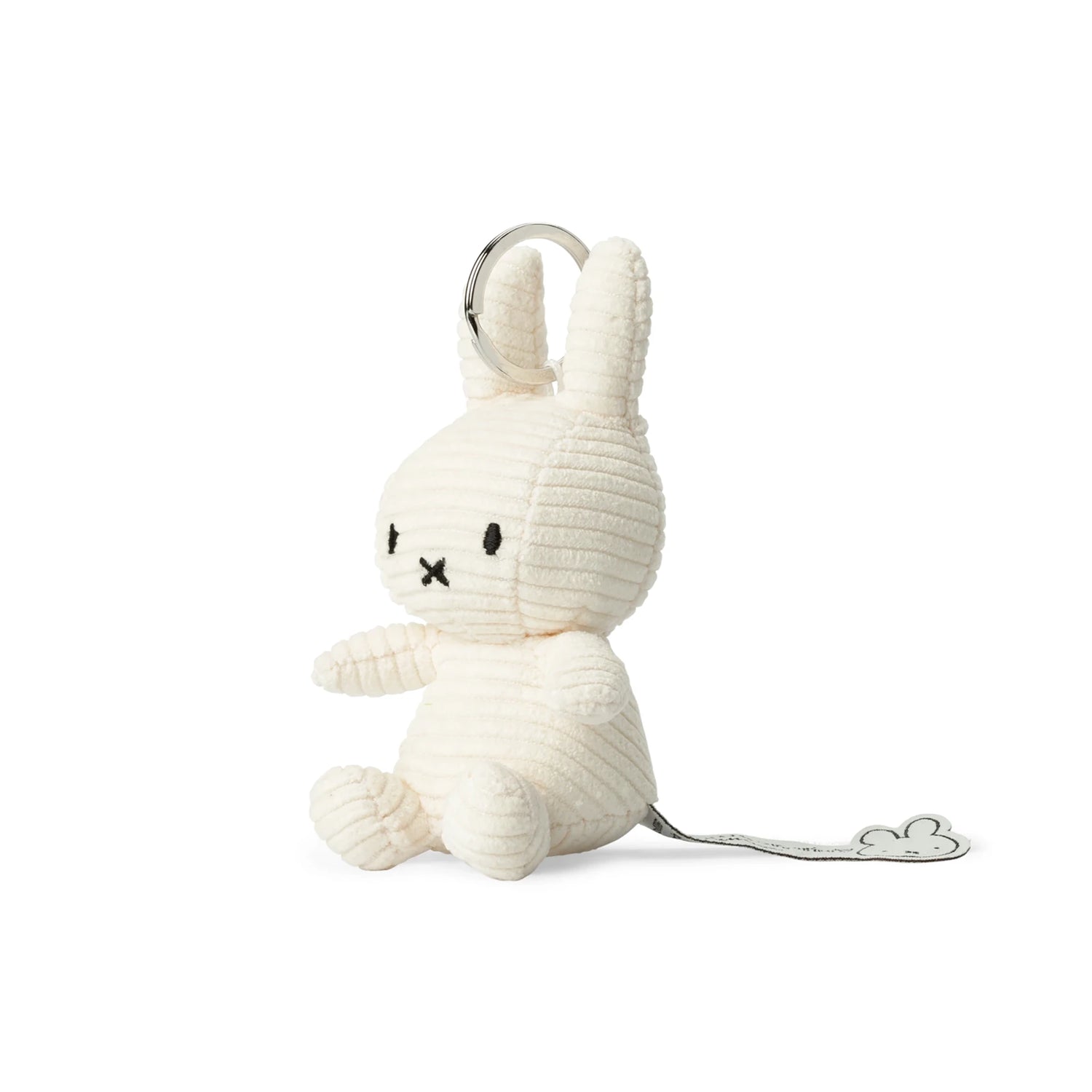 The eco-friendly Miffy Keychain Corduroy 10cm in off-white features a metal ring and tag, with Miffy sitting upright.