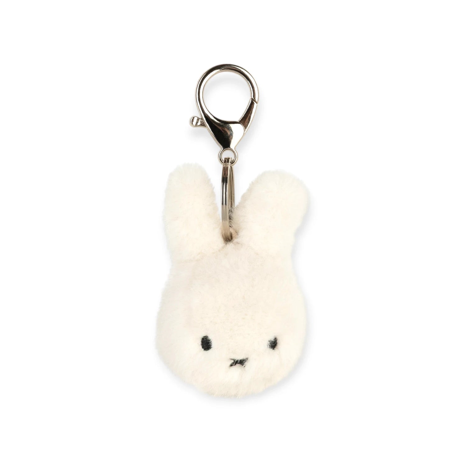 Fluffy white rabbit keychain with metal ring and embroidered face