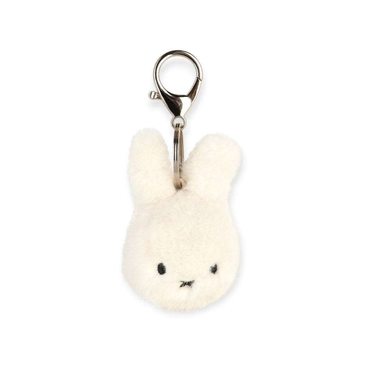 Fluffy white rabbit keychain with metal ring and embroidered face