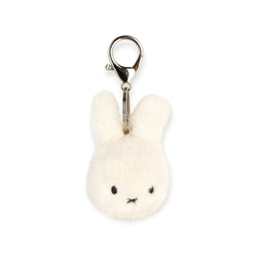 Fluffy white rabbit keychain with metal ring and embroidered face