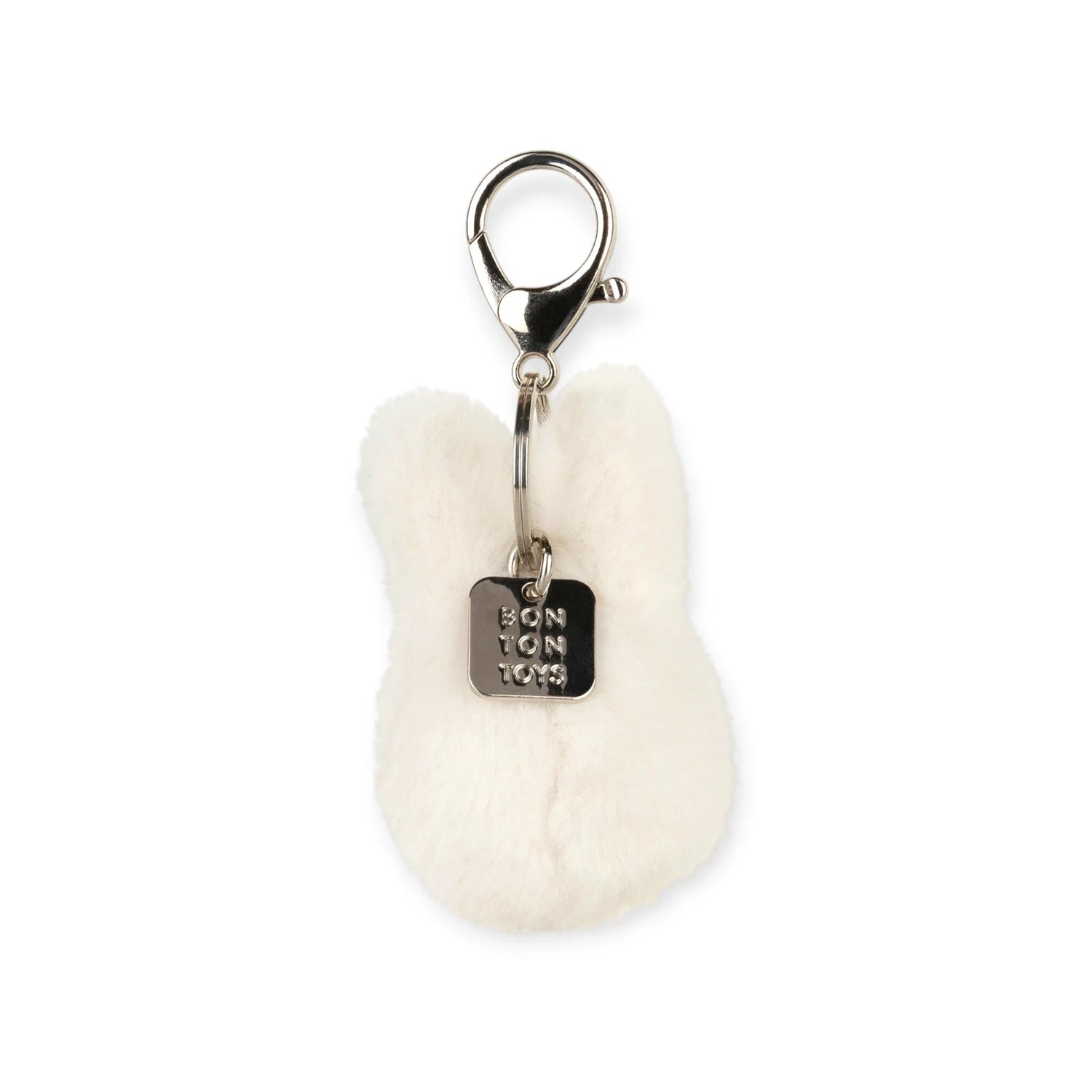 Fluffy white rabbit keychain with metal clasp and small charm tag